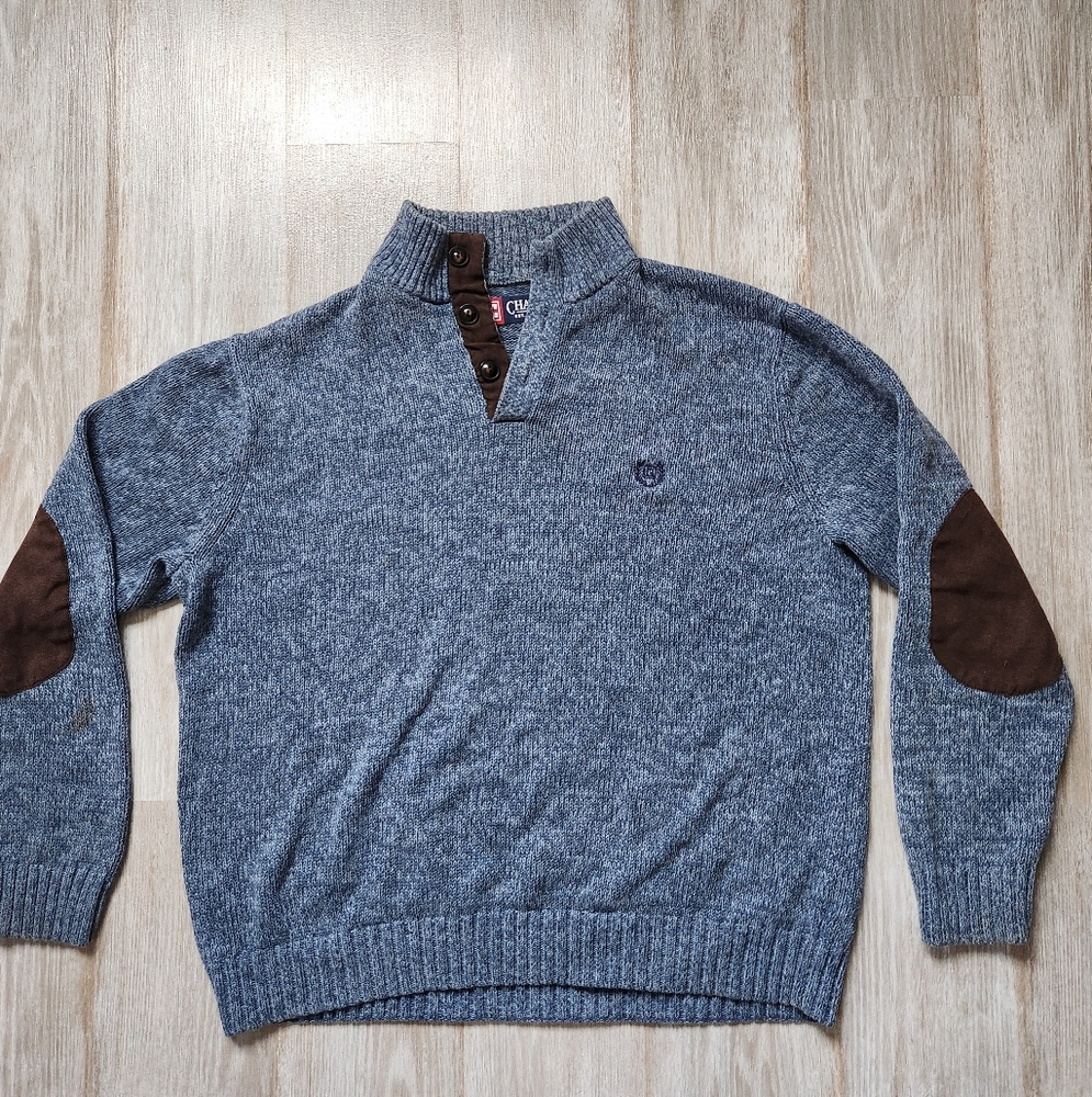 Chaps Men's Blue Heather Knit Sweater with Brown Elbow Patches